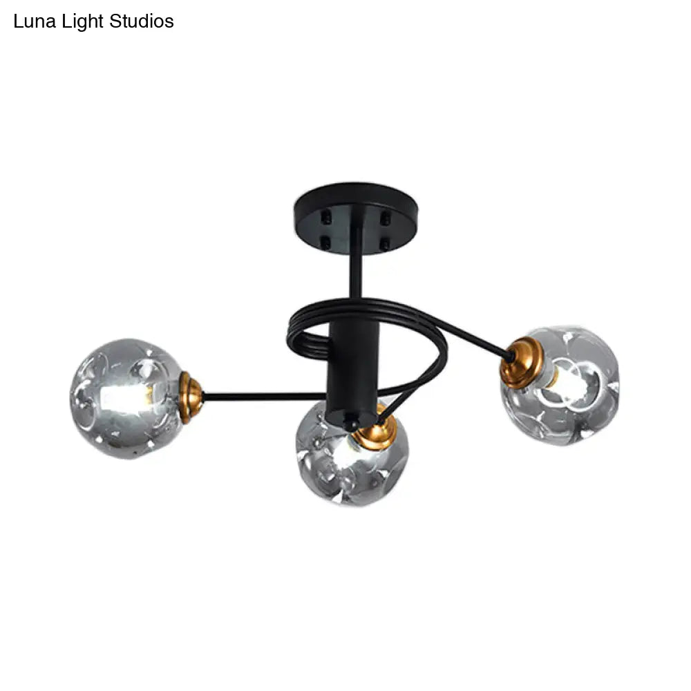 Sleek Black Modernist Semi-Flush Ceiling Light With Amber/Smoke Dimpled Glass Shades - Perfect For