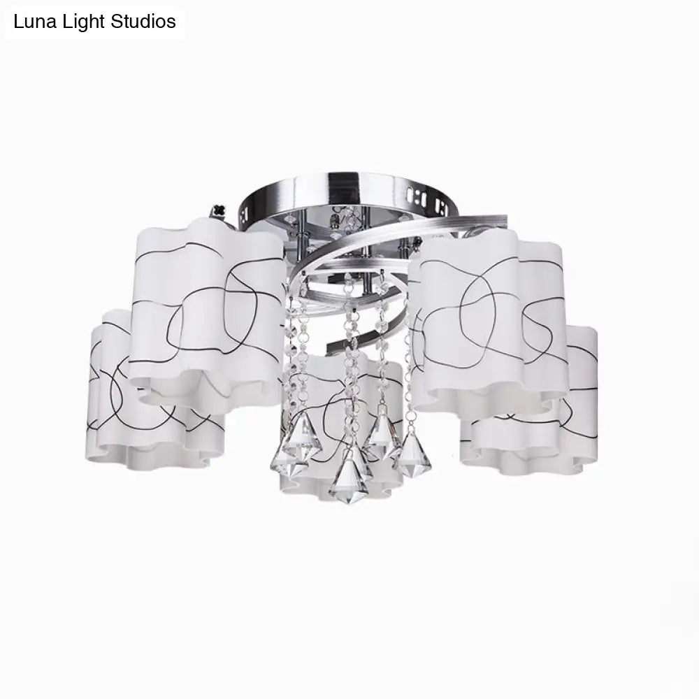 Sleek Chrome Ceiling Flush Mount With Frosted Glass Scalloped Semi Design & Crystal Drop - 3/5 Bulbs
