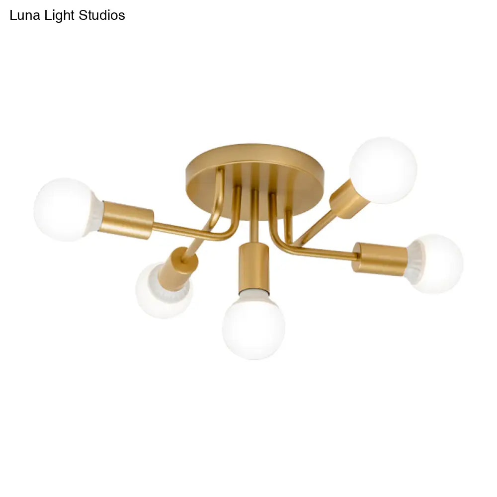 Sleek Curved Arm Semi Flush Mount Ceiling Light With 5 Metal Lights In Black/Gold