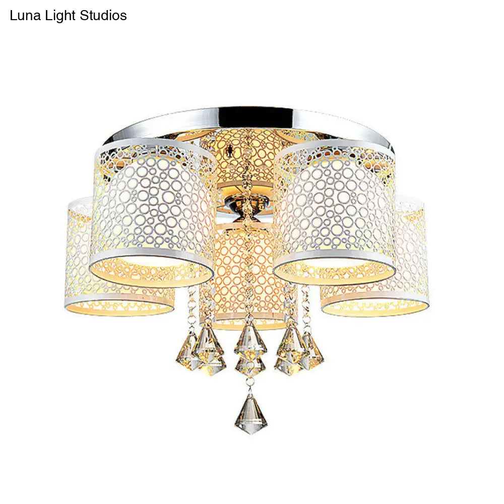 Sleek Metal Chrome Semi Flush Light: Modern Cylinder Design With Frosted Glass Shade & Crystal