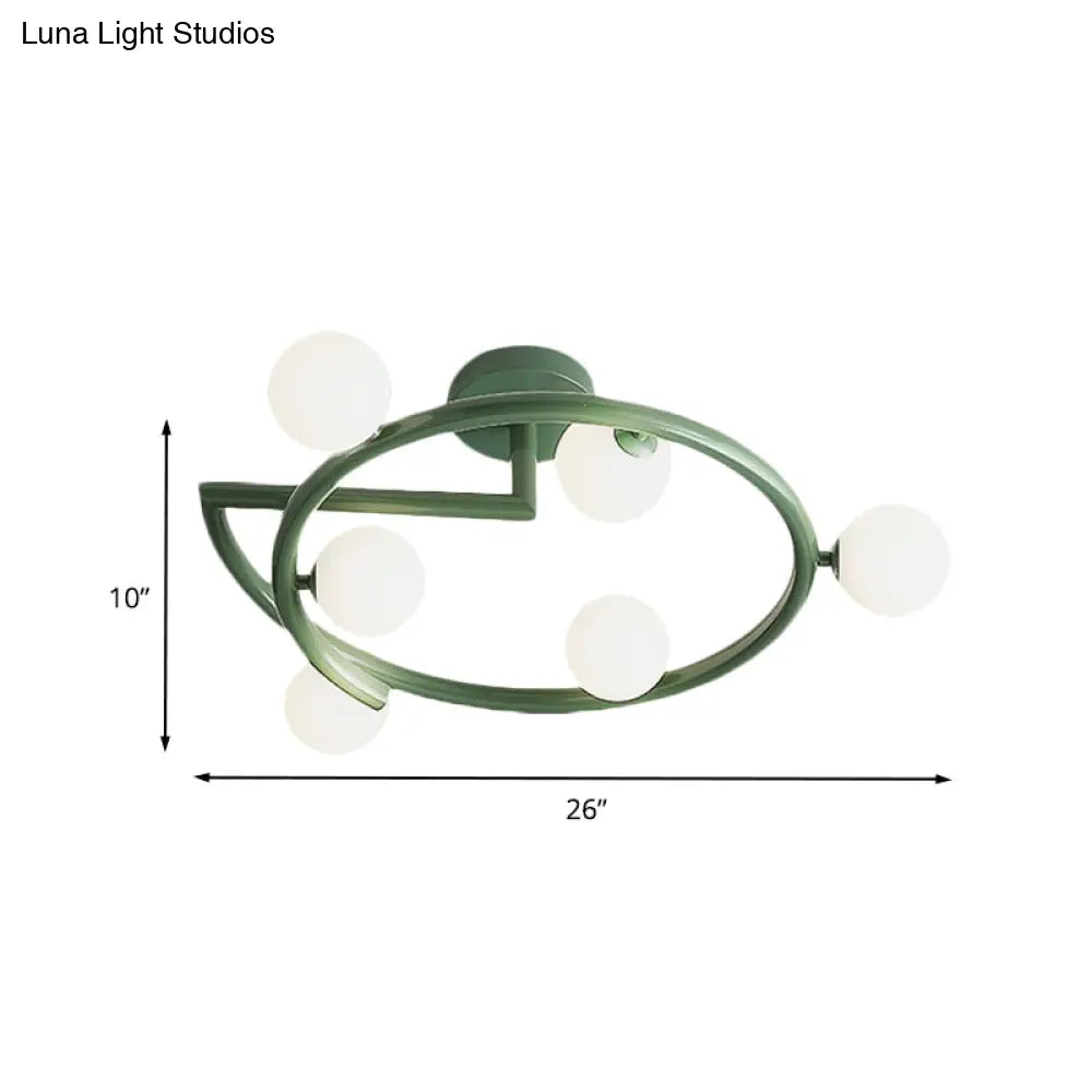 Sleek Metal Halo Ring Semi Flush Lighting - 5 Led Lights In Green For Bedroom