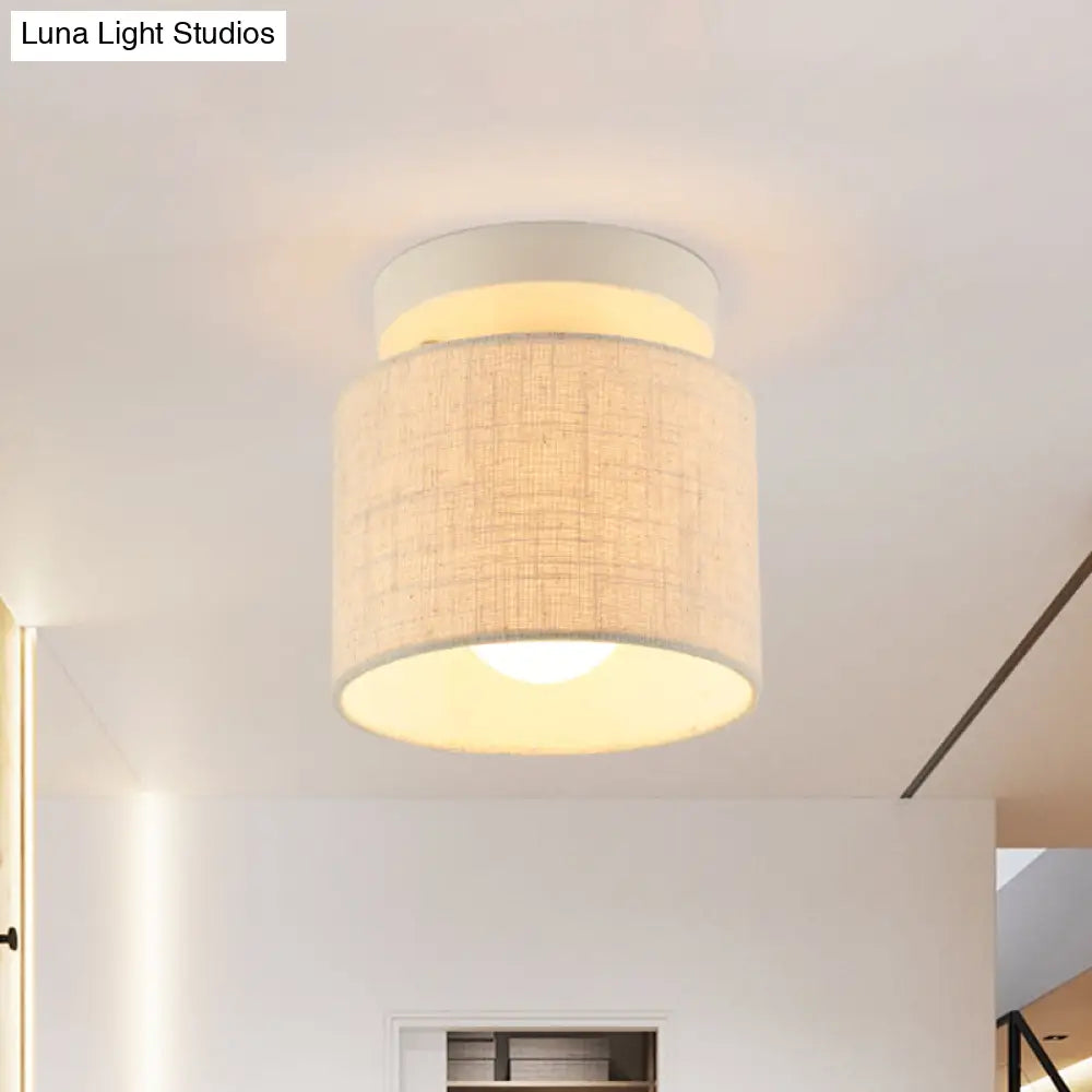 Sleek Mini Barrel Ceiling Flush Light For Foyer - Semi Mount Simplicity Fabric 1 Bulb Flaxen/White