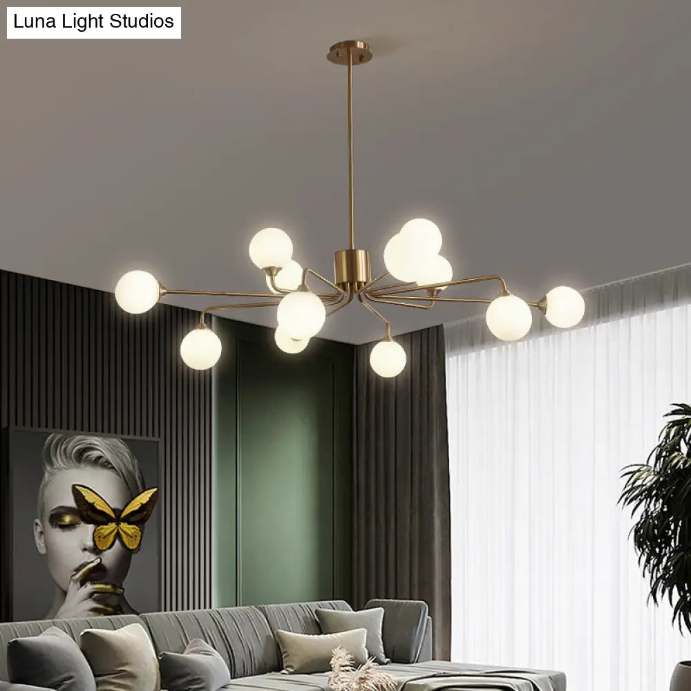 Sleek Modos Chandelier: Simplicity White Glass Ceiling Light With Brass Finish For Living Room