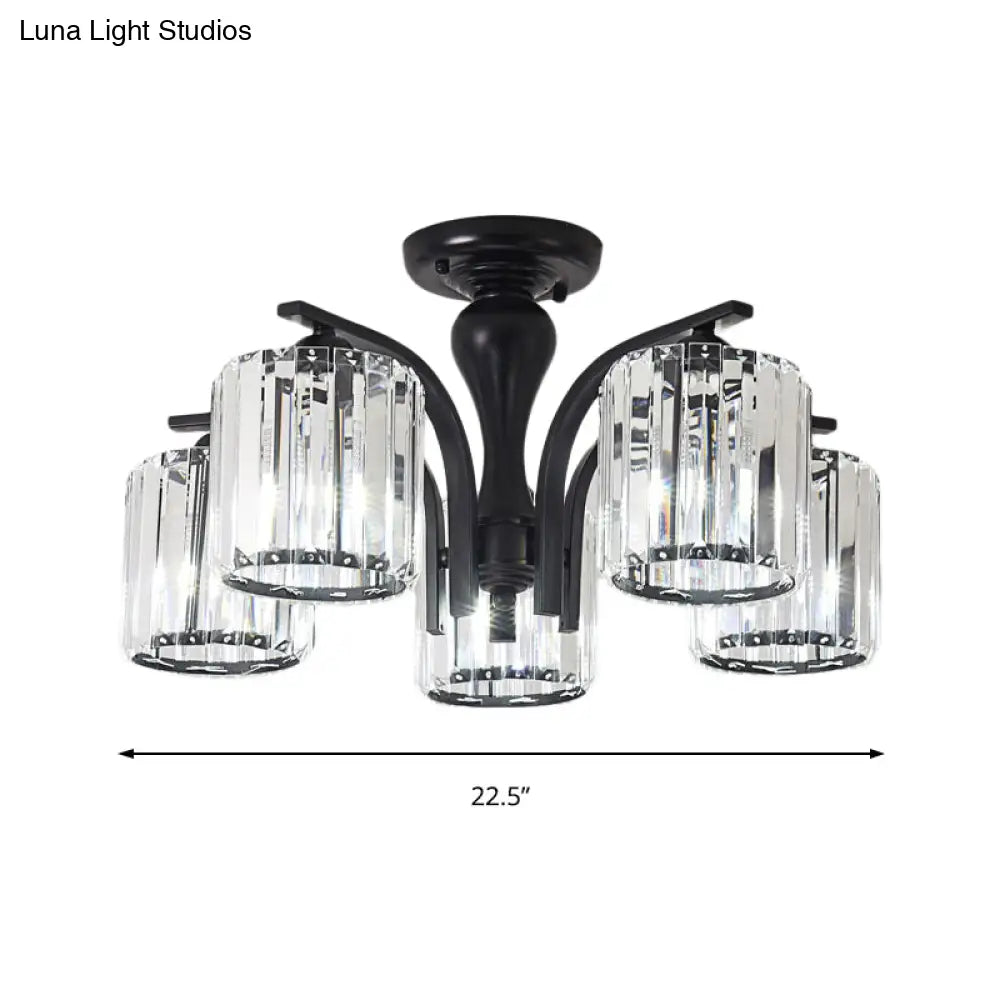 Sleek Nordic Metal Black Ceiling Light Fixture With Crystal Shade - Cylinder Semi Flush Mount 3/5
