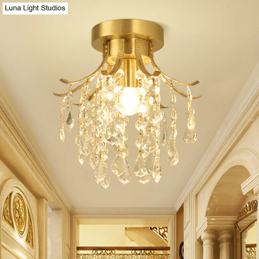 Sleek Raindrop Semi Flush Mount Ceiling Light: Postmodern Brass Fixture With Crystal Accent
