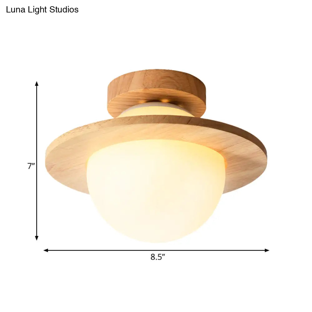 Sleek Semi Flush Mount Ceiling Lamp With Opal Frosted Glass And Wood Banding Belt