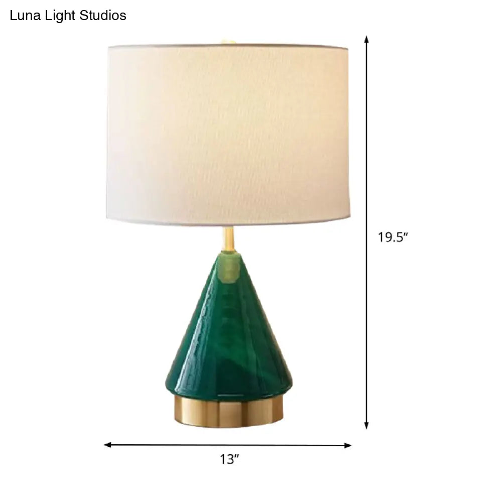 Small Desk Lamp: Contemporary Green Cylinder With Fabric Shade - 1 Bulb Task Lighting