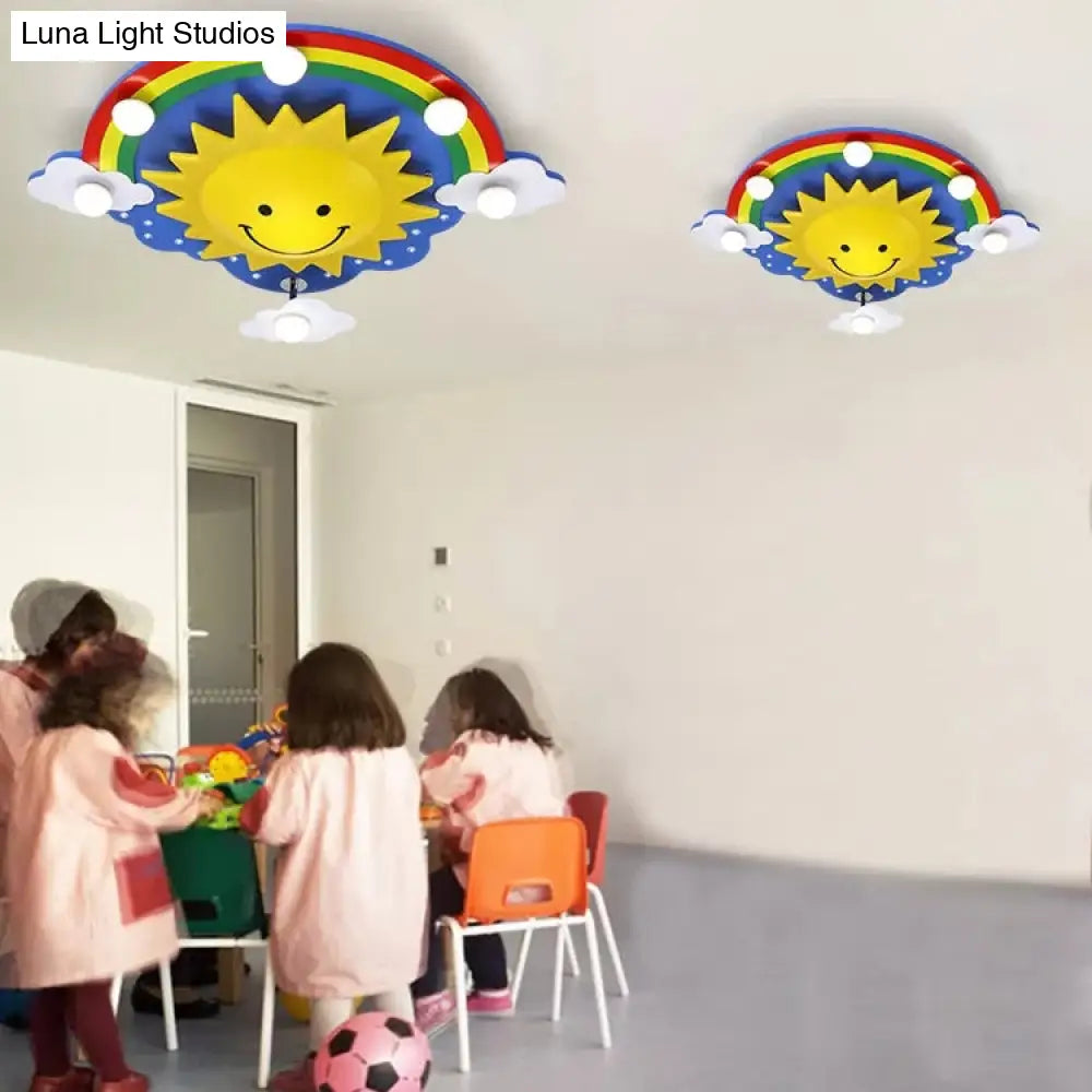 Smiling Sun Flush Ceiling Light In Yellow For Game Room - Cartoon Design Wood Finish