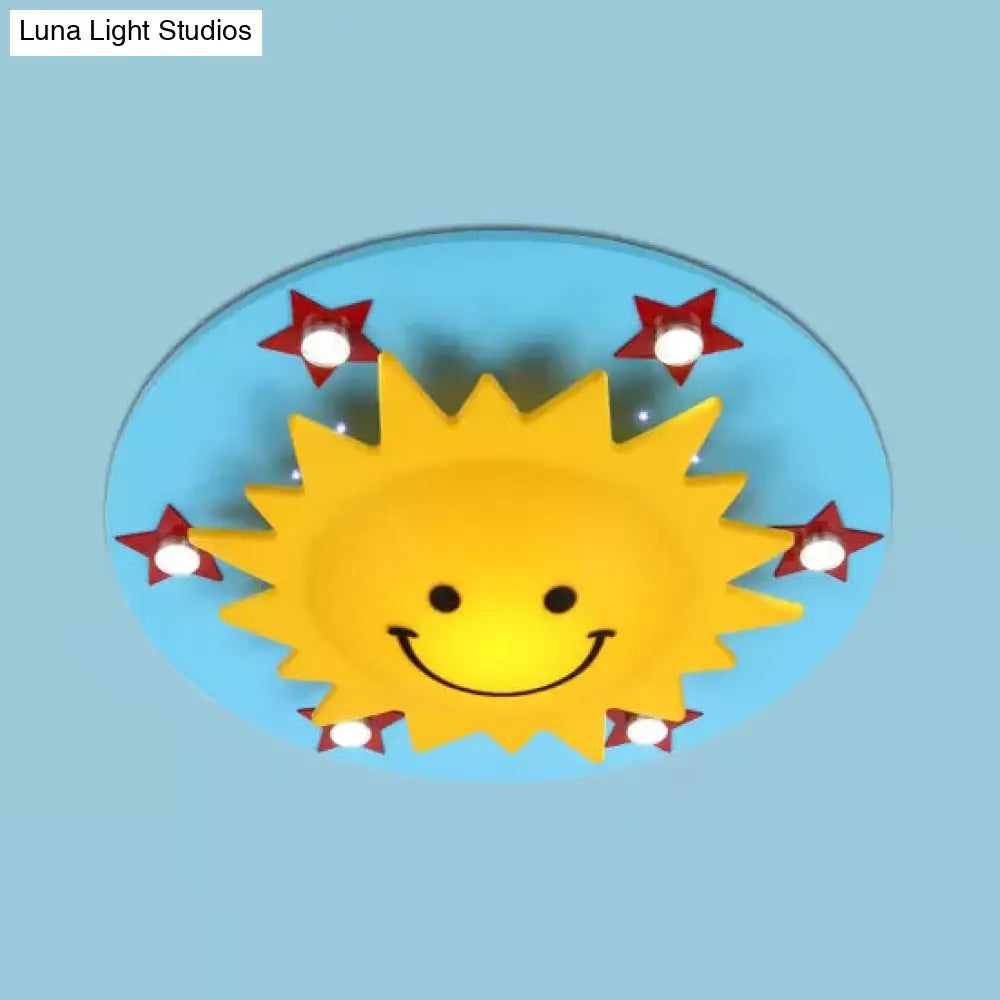 Smiling Sun Flush Ceiling Light In Yellow For Game Room - Cartoon Design Wood Finish