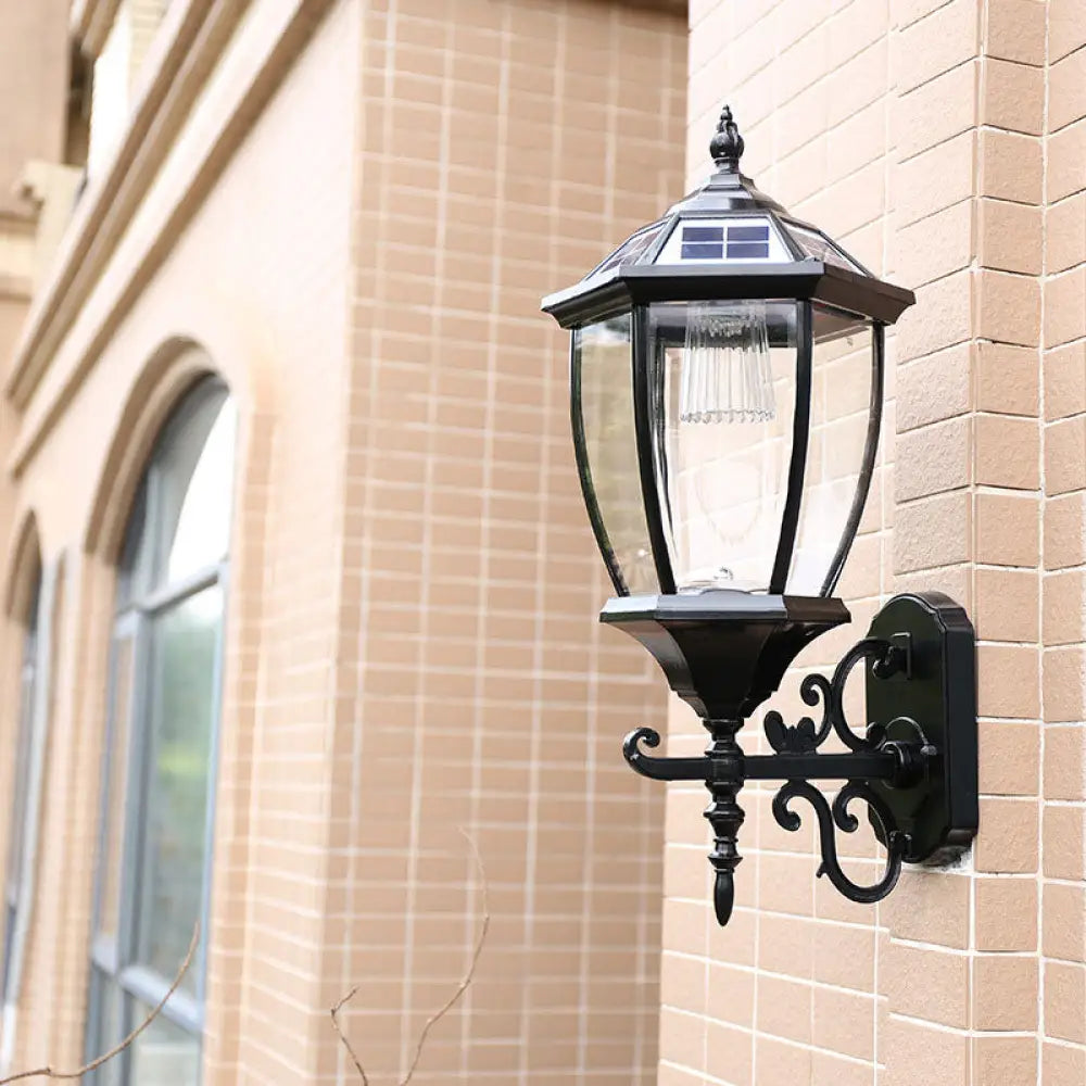 Solar Vintage House Wall Light With Metal Frame Glass Shade And Led Bulb - Outdoor Mounted Lamp