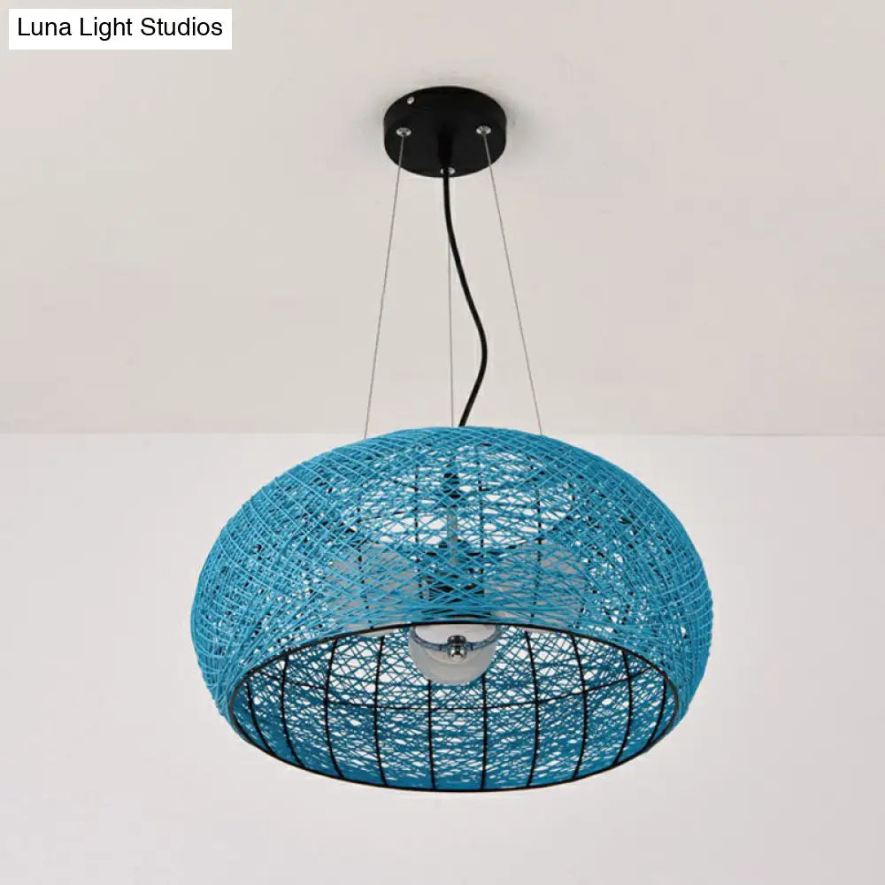 South-East Asian Rattan Curved Drum Ceiling Chandelier With 3 Heads - Lighting Fixture