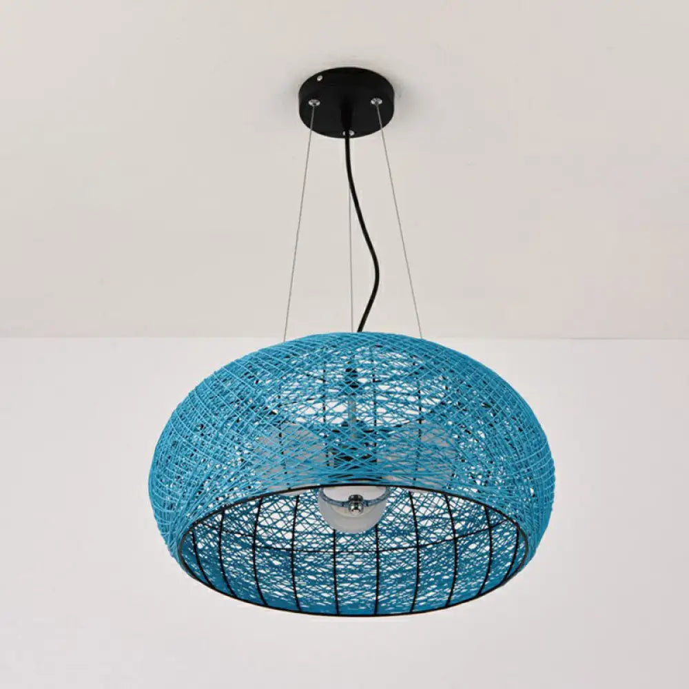South-East Asian Rattan Curved Drum Ceiling Chandelier With 3 Heads - Lighting Fixture Blue