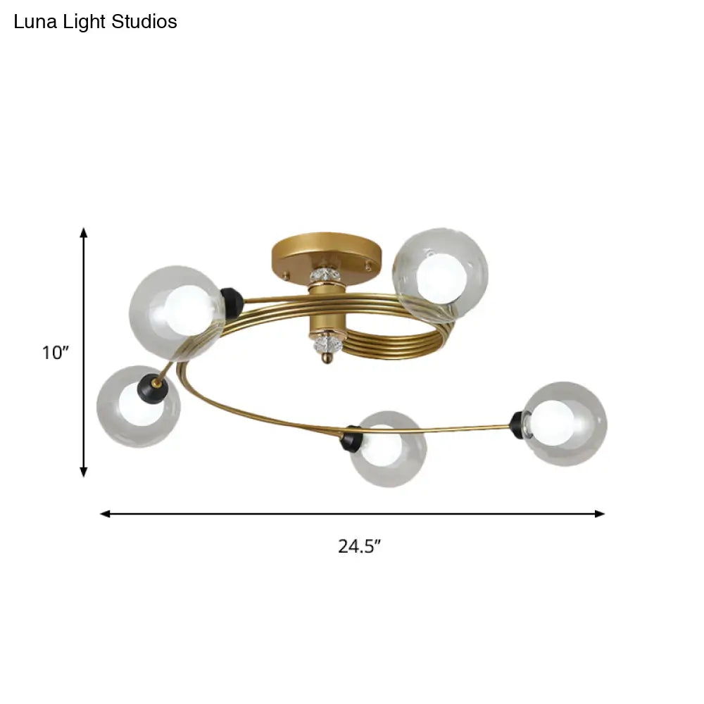 Spiral Semi Flush Traditional Glass/Crystal Bedroom Ceiling Light Fixture - Brass Finish
