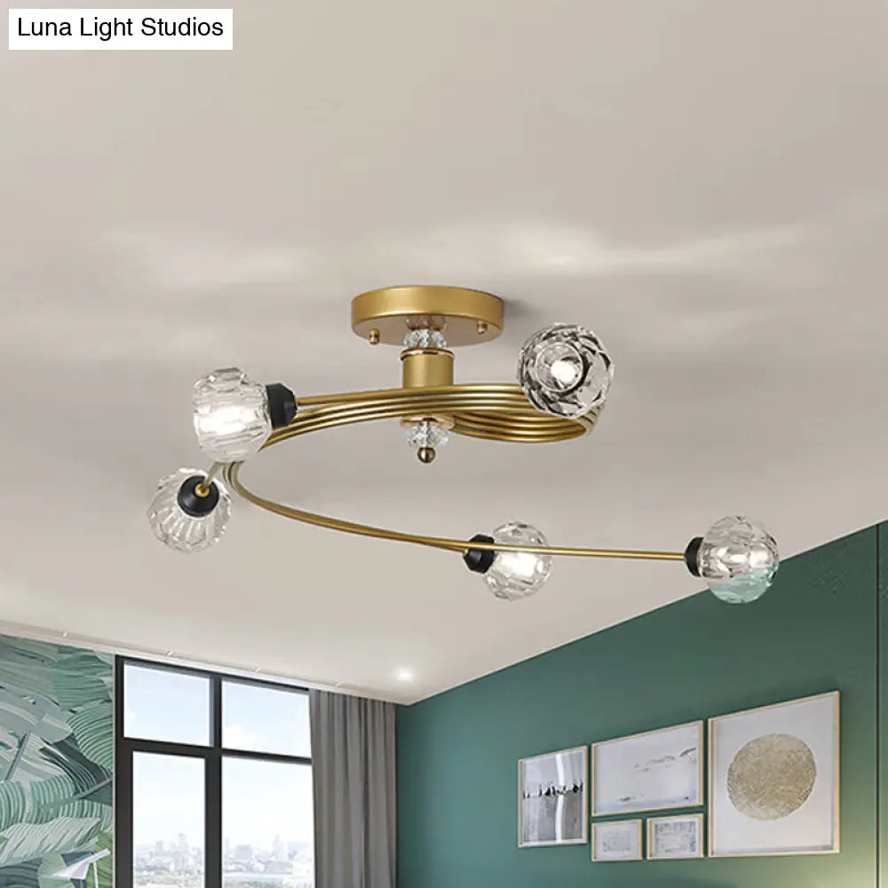 Spiral Semi Flush Traditional Glass/Crystal Bedroom Ceiling Light Fixture - Brass Finish