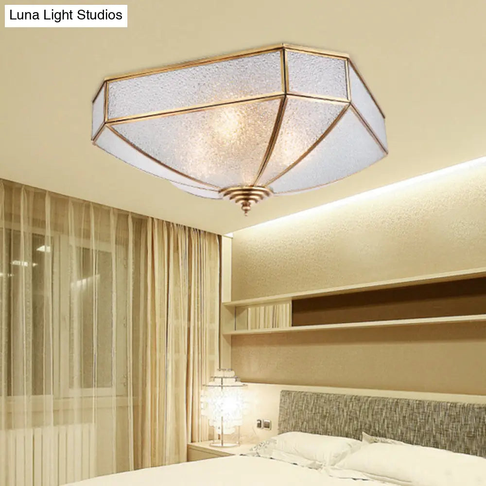 Square Flush Mount Traditionary Water Glass Ceiling Light Fixture - Brass Finish Ideal For Bedrooms