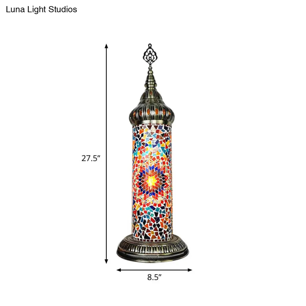 Stained Glass Cylinder Bedroom Table Lamp With Led Night Light - Traditional Design In