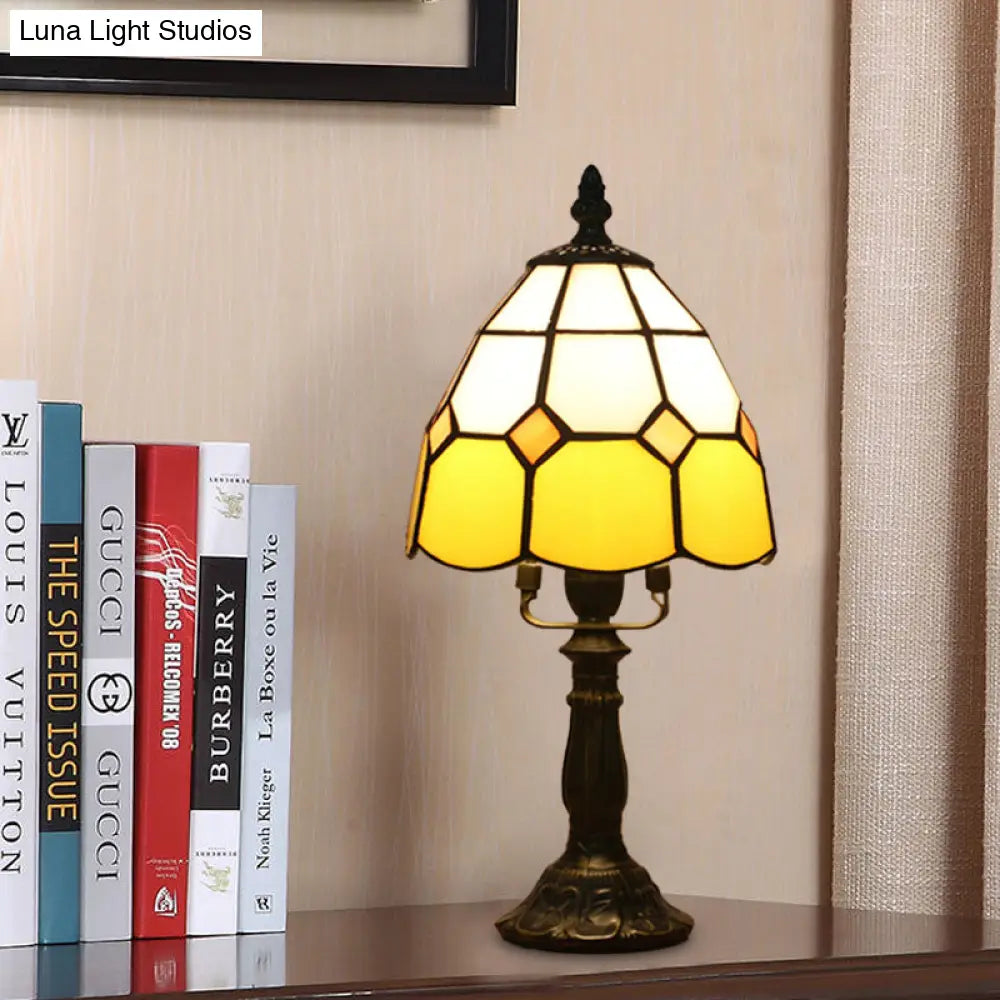 Stained Glass Dome Night Light - Artistic Mission Style Beige/Yellow/Orange Grid Pattern Ideal