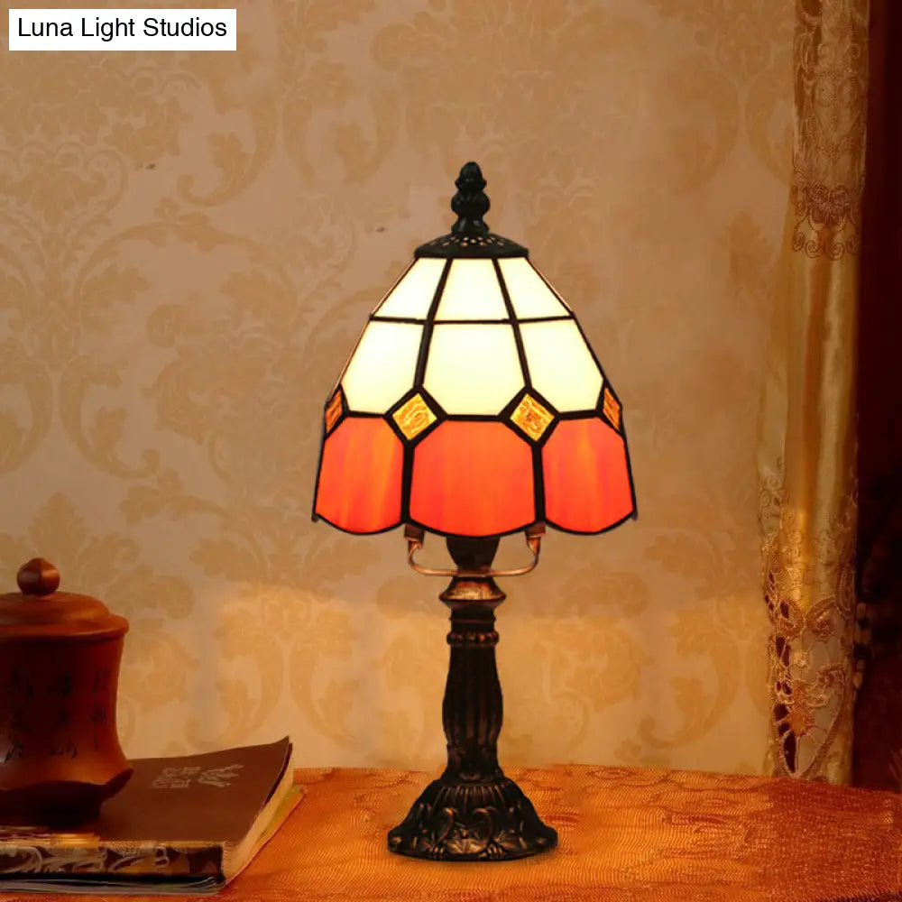 Stained Glass Dome Night Light - Artistic Mission Style Beige/Yellow/Orange Grid Pattern Ideal