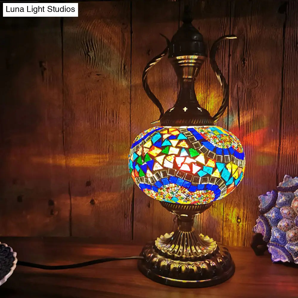 Stained Glass Moroccan Round Desk Lamp: 1-Light Bronze Task Lighting For Restaurants