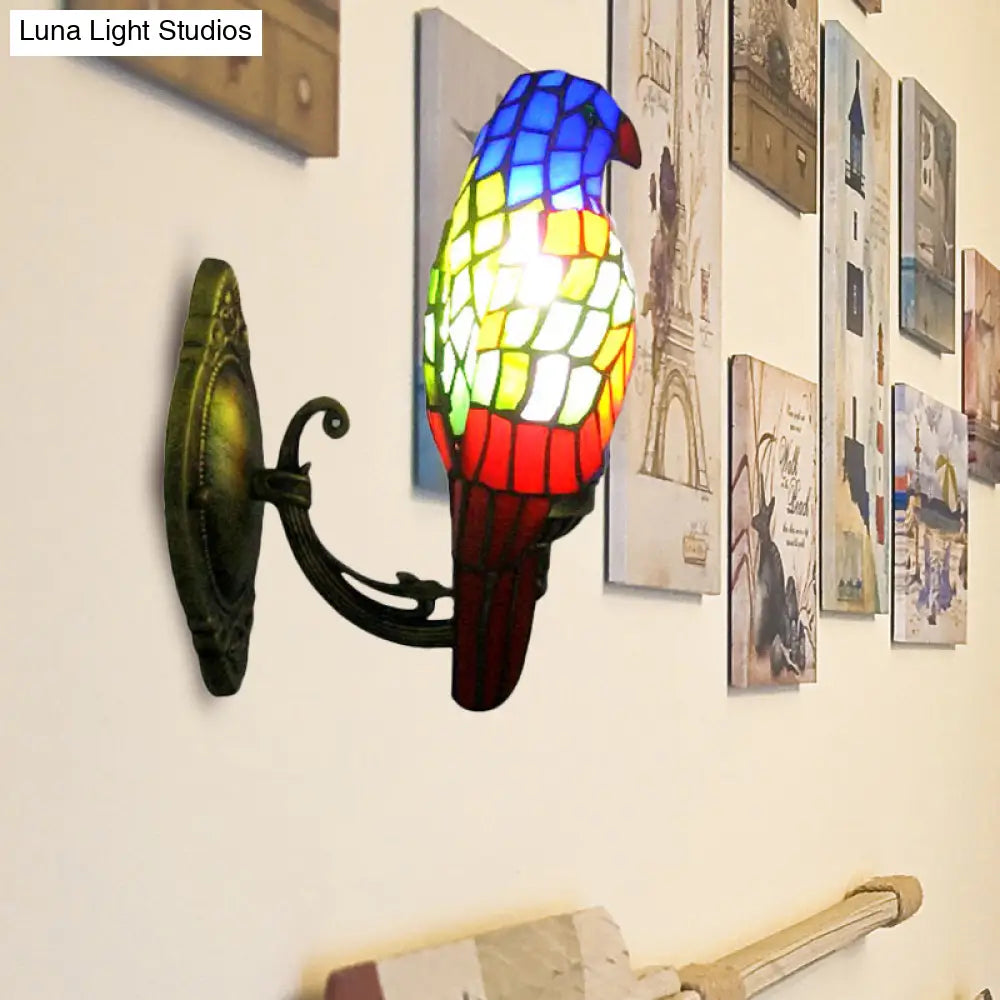 Stained Glass Parrot Wall Lamp - Lodge Style Brass Sconce For Living Room