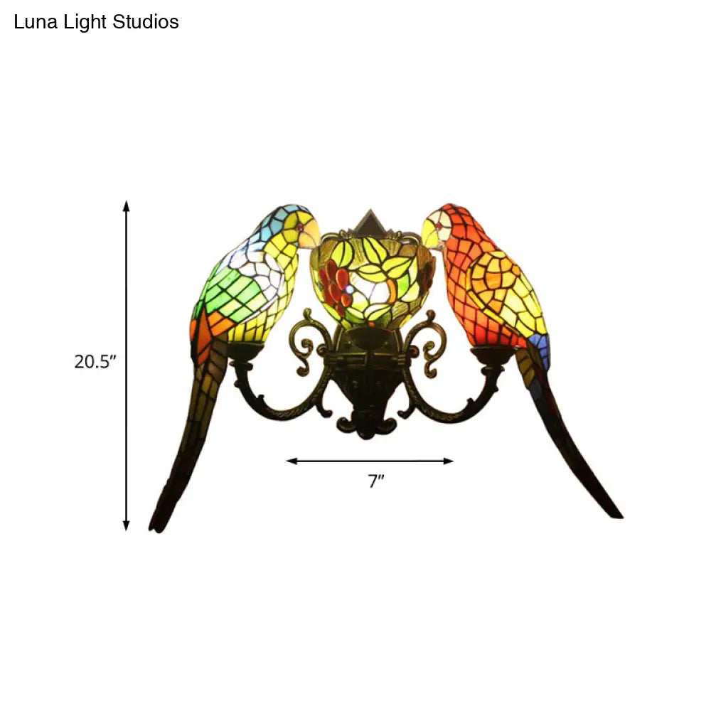 Stained Glass Parrots Wall Sconce Light - Tiffany Rustic Style With 2 Lights Bowl Shade In Antique