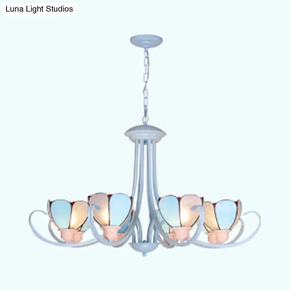 Stained Glass Petal Chandelier With Hanging Chain - Blue 3/6/8 Lights Modern Ceiling Light For Hall