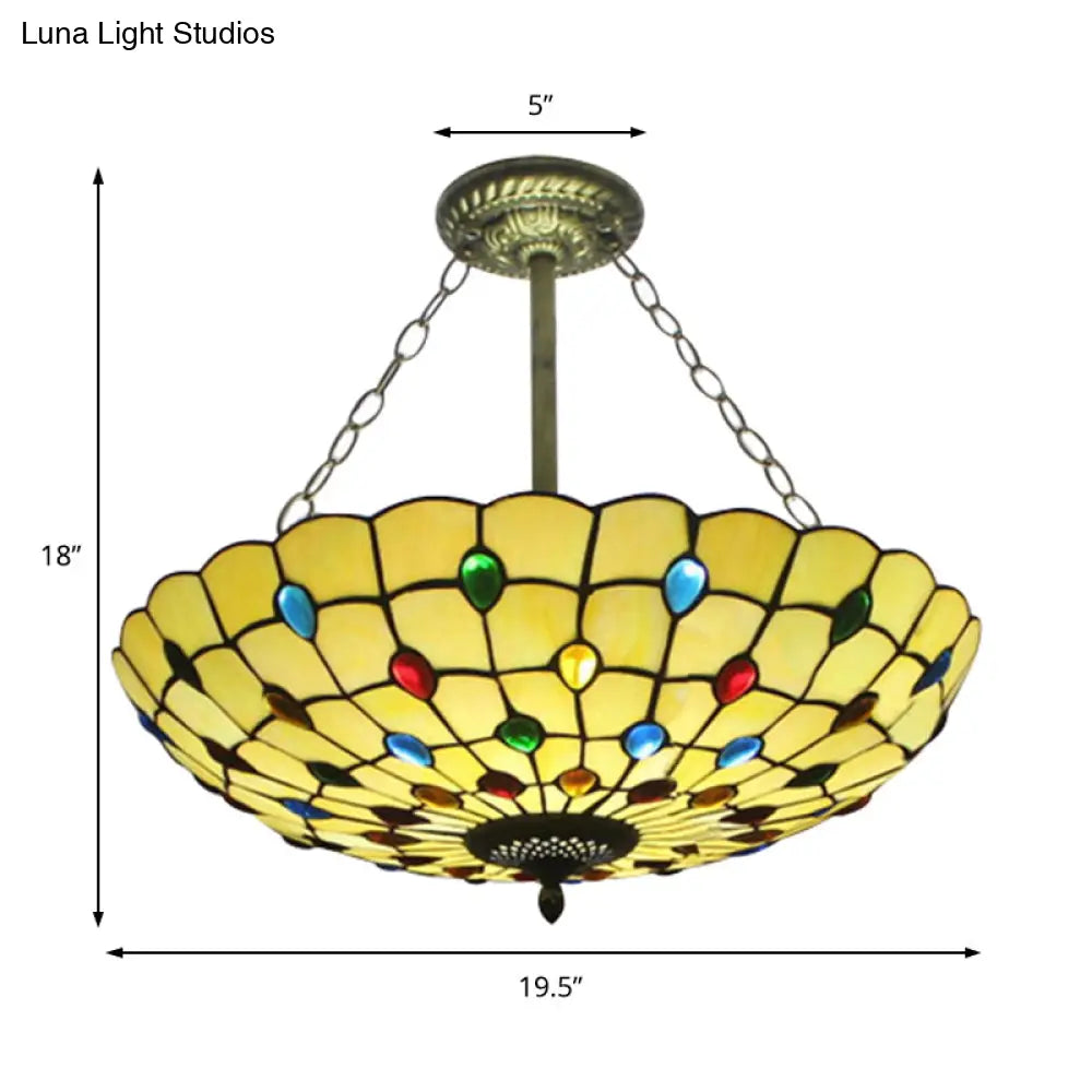Stained Glass Semi Flush Ceiling Light Fixture With Retro Jewel Pattern - Beige/Clear/Yellow Tones
