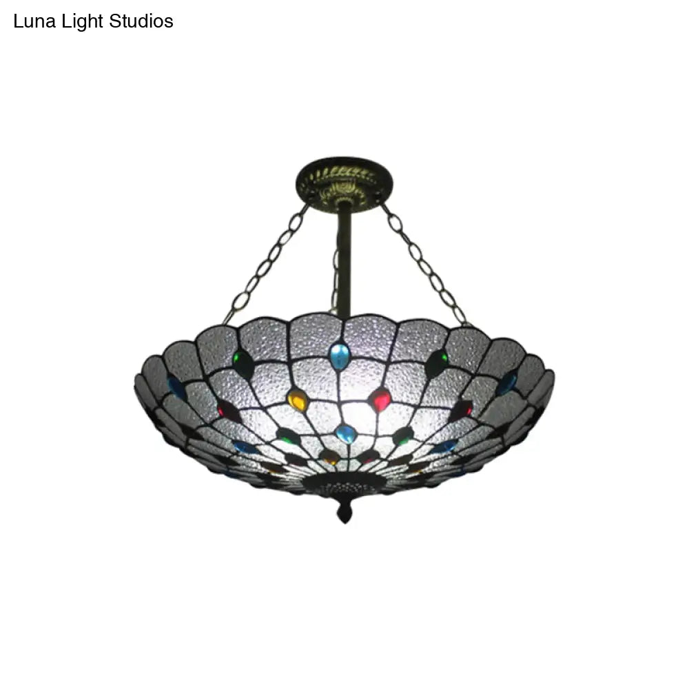 Stained Glass Semi Flush Ceiling Light Fixture With Retro Jewel Pattern - Beige/Clear/Yellow Tones