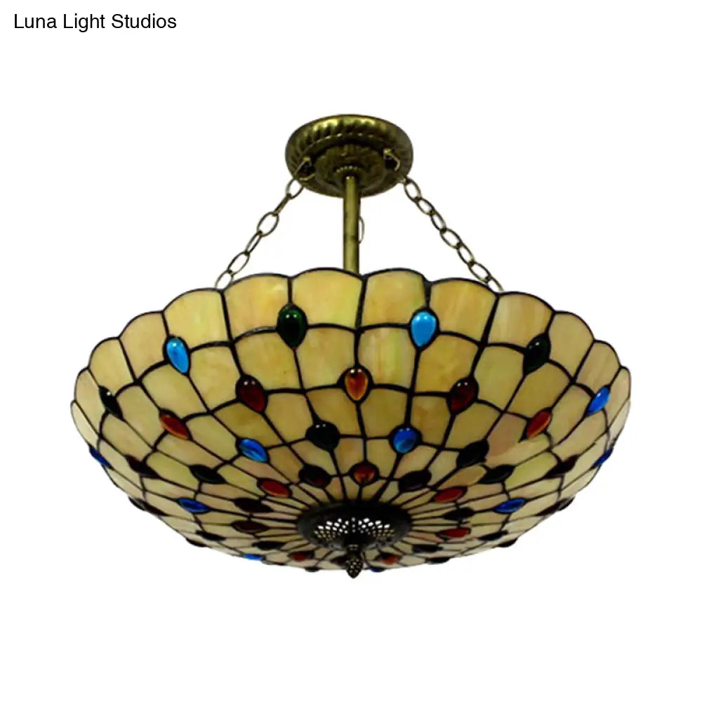 Stained Glass Semi Flush Ceiling Light Fixture With Retro Jewel Pattern - Beige/Clear/Yellow Tones