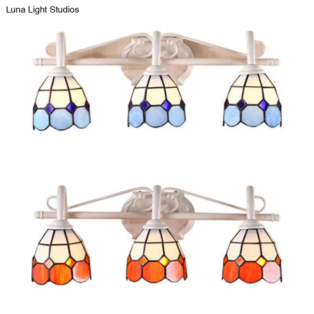 Stained Glass Tiffany Bathroom Vanity Light In Blue/Orange With 3-Light Grid Dome Wall Sconce