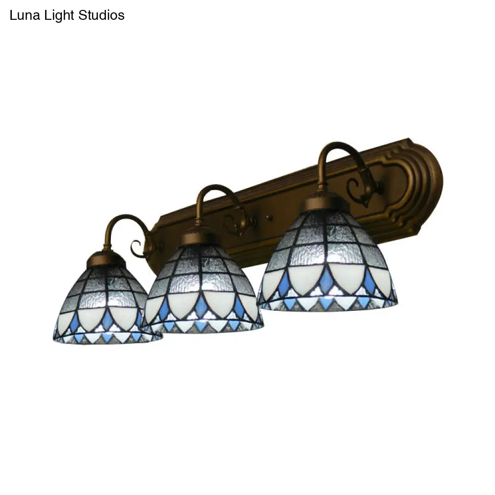 Stained Glass Vintage Vanity Light - Dome Wall Mount With Curved/Arc Arm 3 Lights For Bathroom