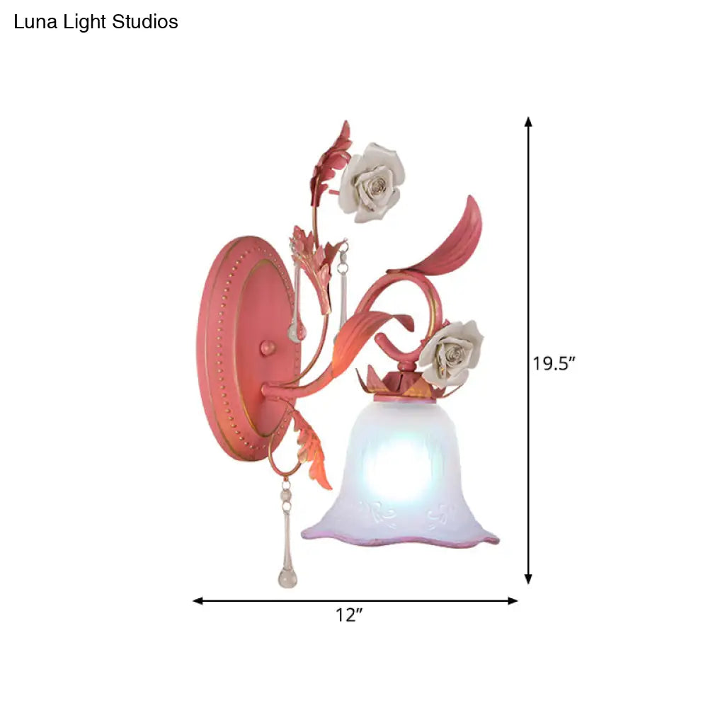 Stunning Pink Frosted Glass Bellflower Wall Sconce With Crystal Accent: Countryside 1/2-Light Lamp