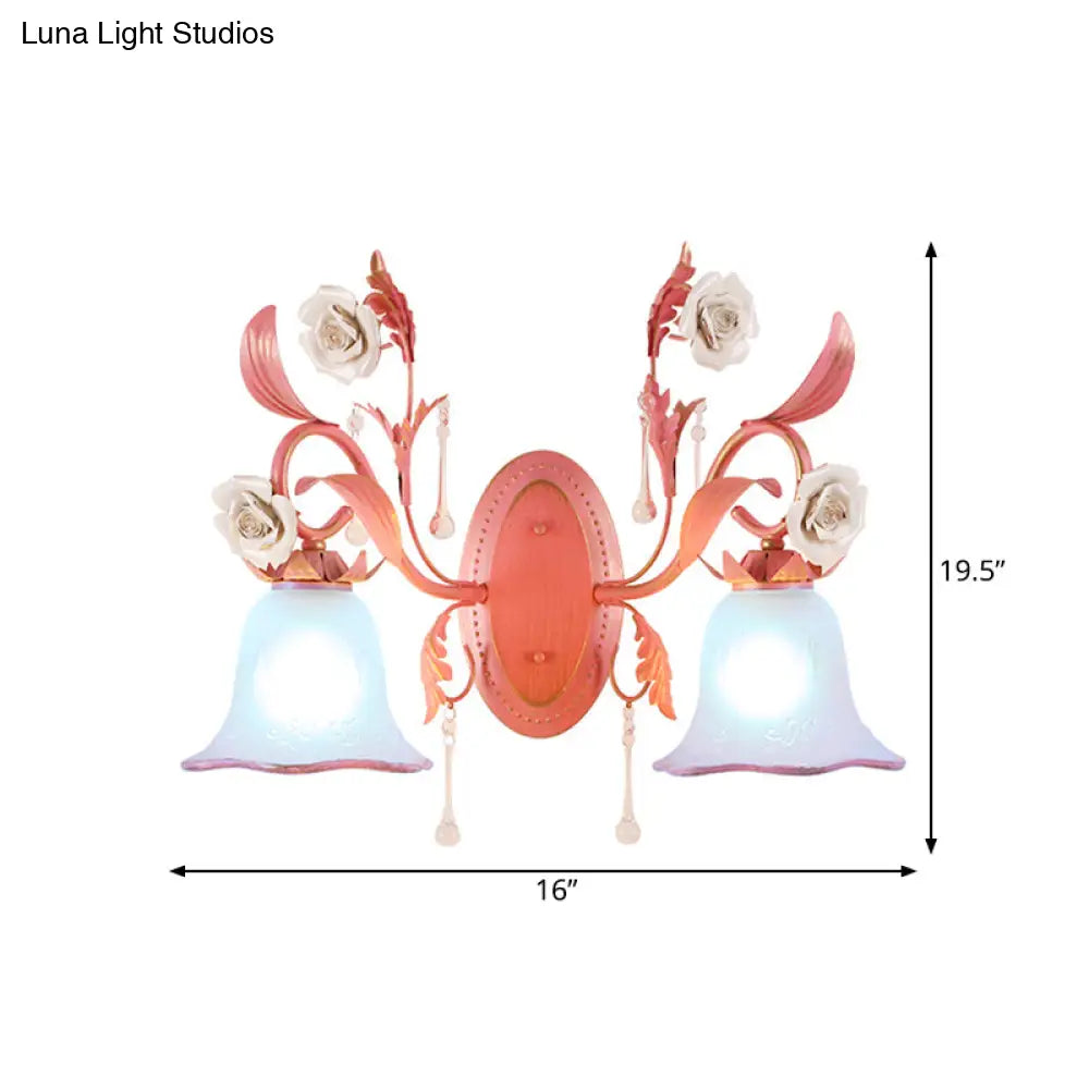 Stunning Pink Frosted Glass Bellflower Wall Sconce With Crystal Accent: Countryside 1/2-Light Lamp