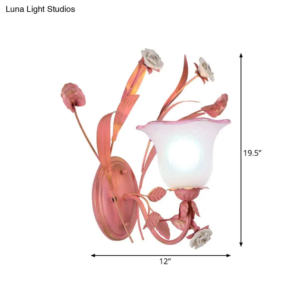 Stunning Pink Frosted Glass Bellflower Wall Sconce With Crystal Accent: Countryside 1/2-Light Lamp