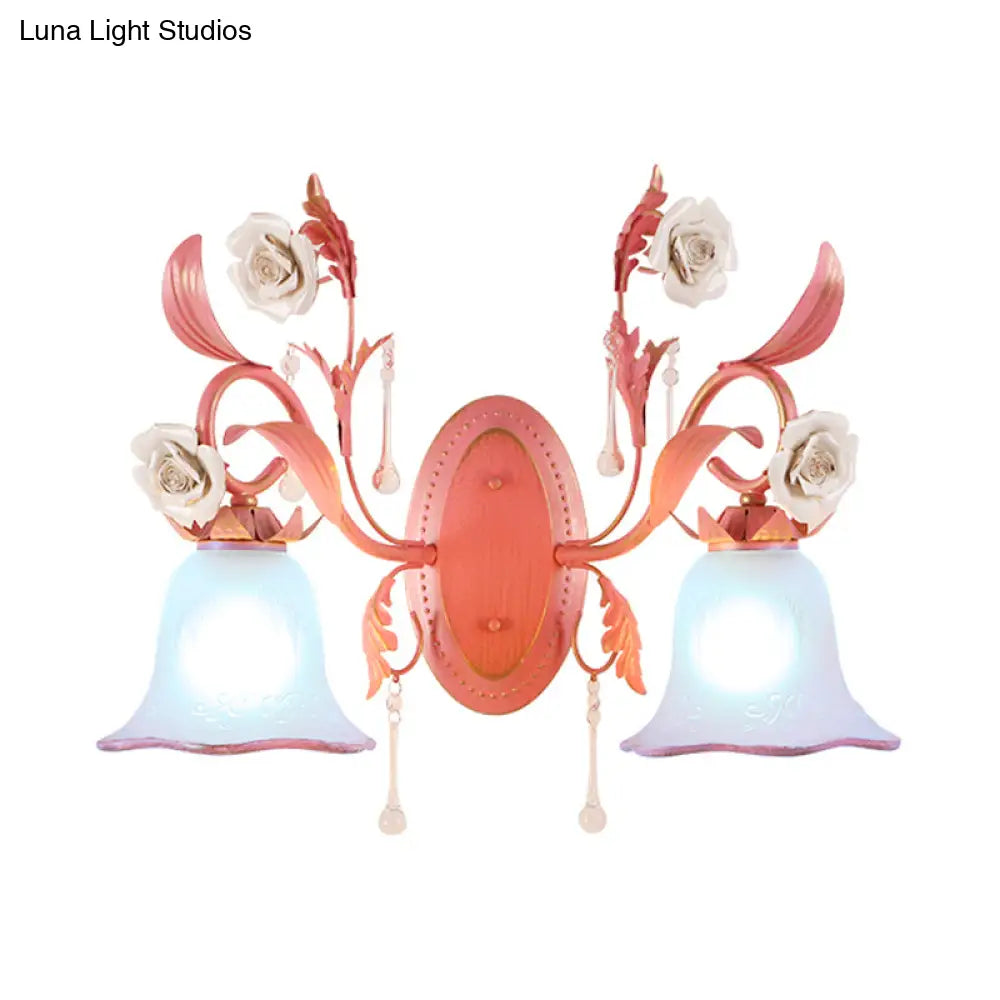 Stunning Pink Frosted Glass Bellflower Wall Sconce With Crystal Accent: Countryside 1/2-Light Lamp