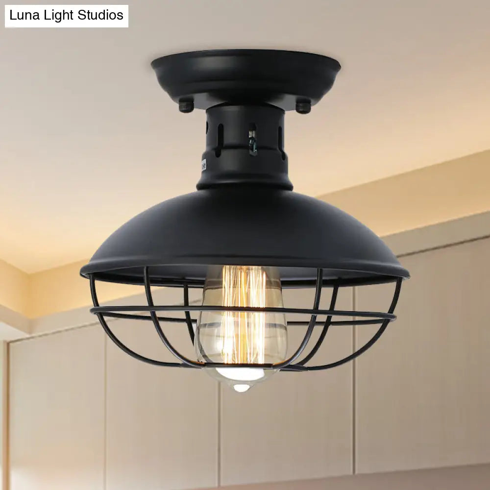 Stylish Black Bowl Semi Flush Mount Farmhouse Metal Ceiling Fixture With Cage Shade - 1 Light For