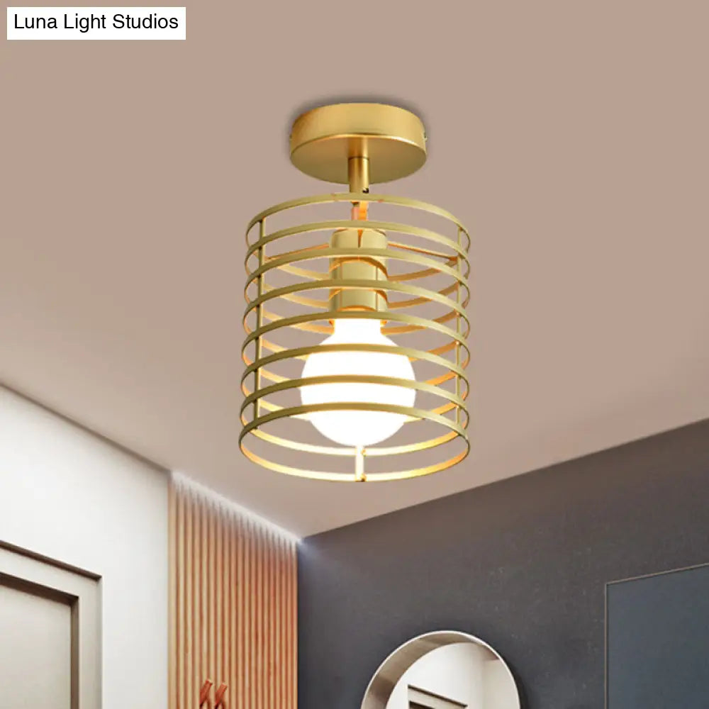 Stylish Metal Semi - Mount Ceiling Fixture With Brass Finish - 1 Bulb Bedroom Lighting In