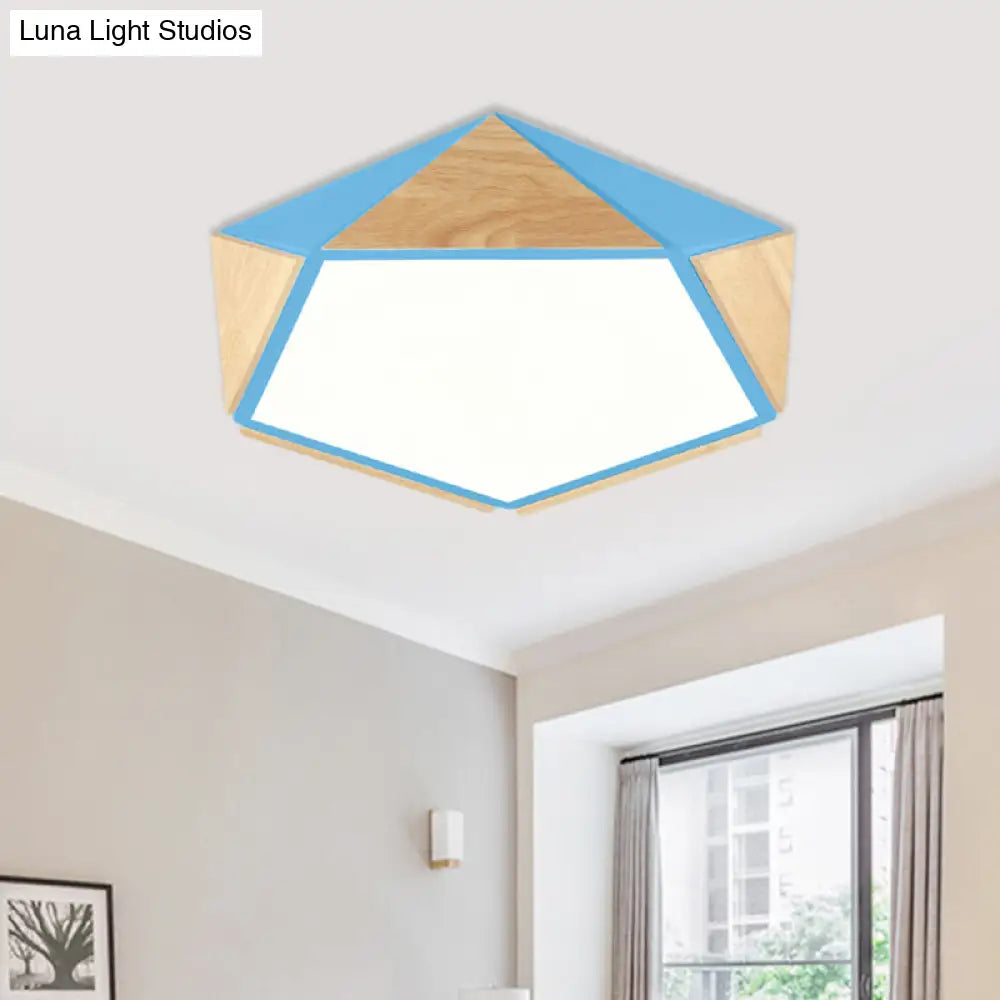 Stylish Wood Led Flush Light For Kids Bedroom - Pentagon Ceiling Mount Macaron Design