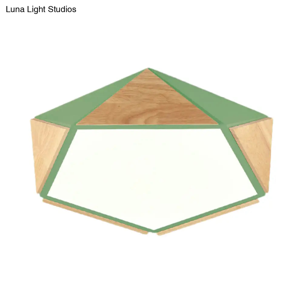 Stylish Wood Led Flush Light For Kids Bedroom - Pentagon Ceiling Mount Macaron Design