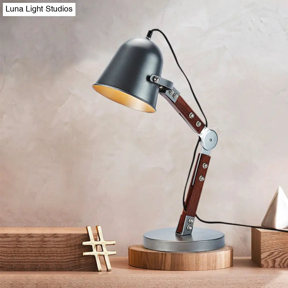 Swing Wood Arm Industrial Bell Table Light - Metallic Plug In Desk Lamp (Black 1 Bulb)