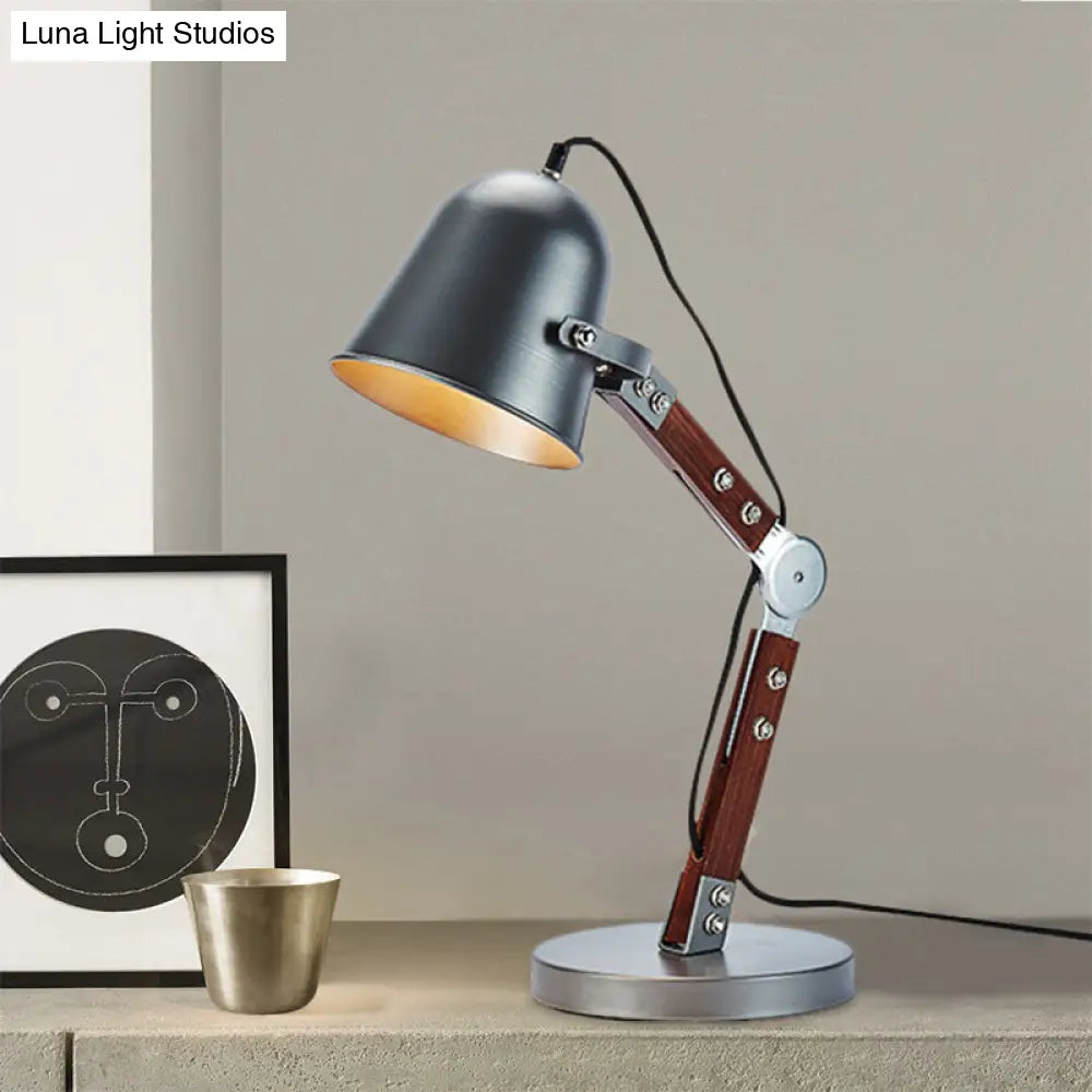 Swing Wood Arm Industrial Bell Table Light - Metallic Plug In Desk Lamp (Black 1 Bulb)