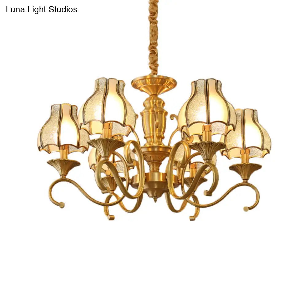 Swirled Arm Suspended Chandelier In Gold: Colonial Style With Frosted And Water Glass Shade (3/5/6