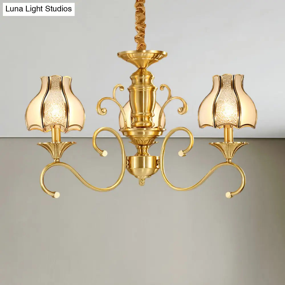 Swirled Arm Suspended Chandelier In Gold: Colonial Style With Frosted And Water Glass Shade (3/5/6