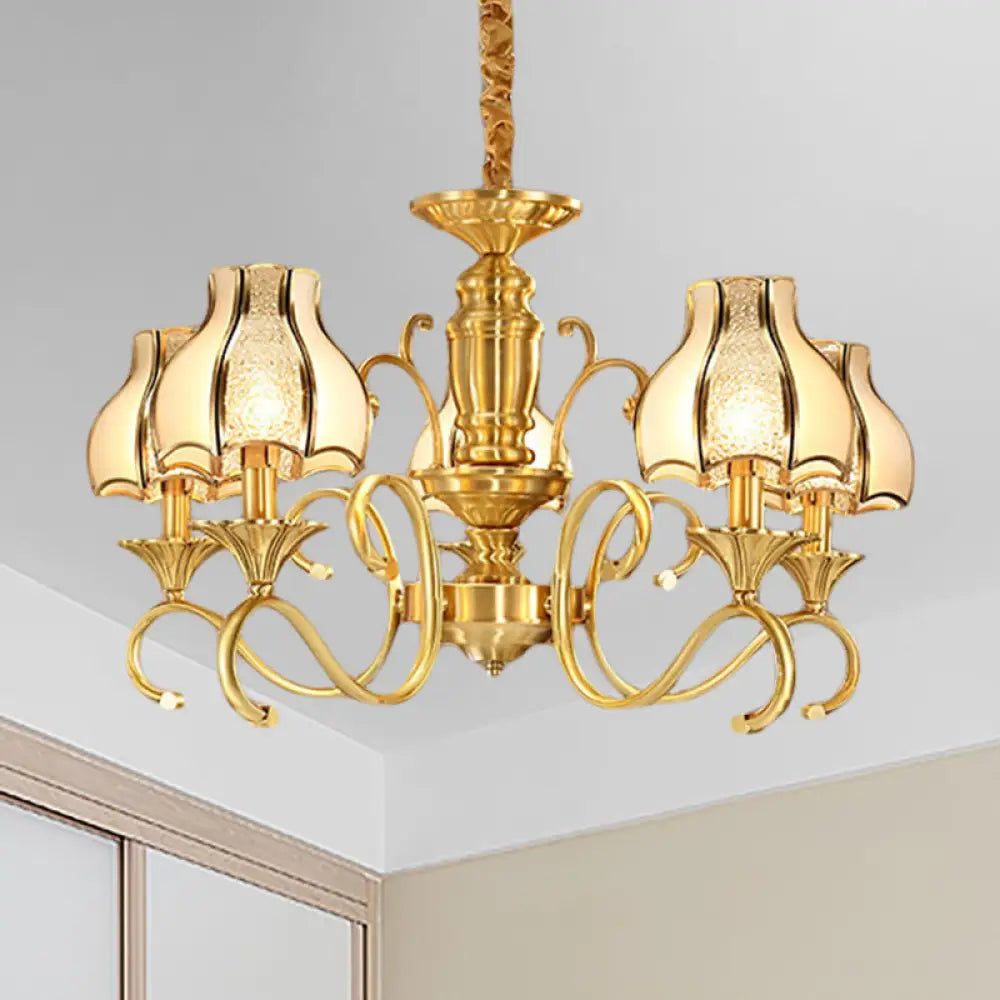 Swirled Arm Suspended Chandelier In Gold: Colonial Style With Frosted And Water Glass Shade (3/5/6