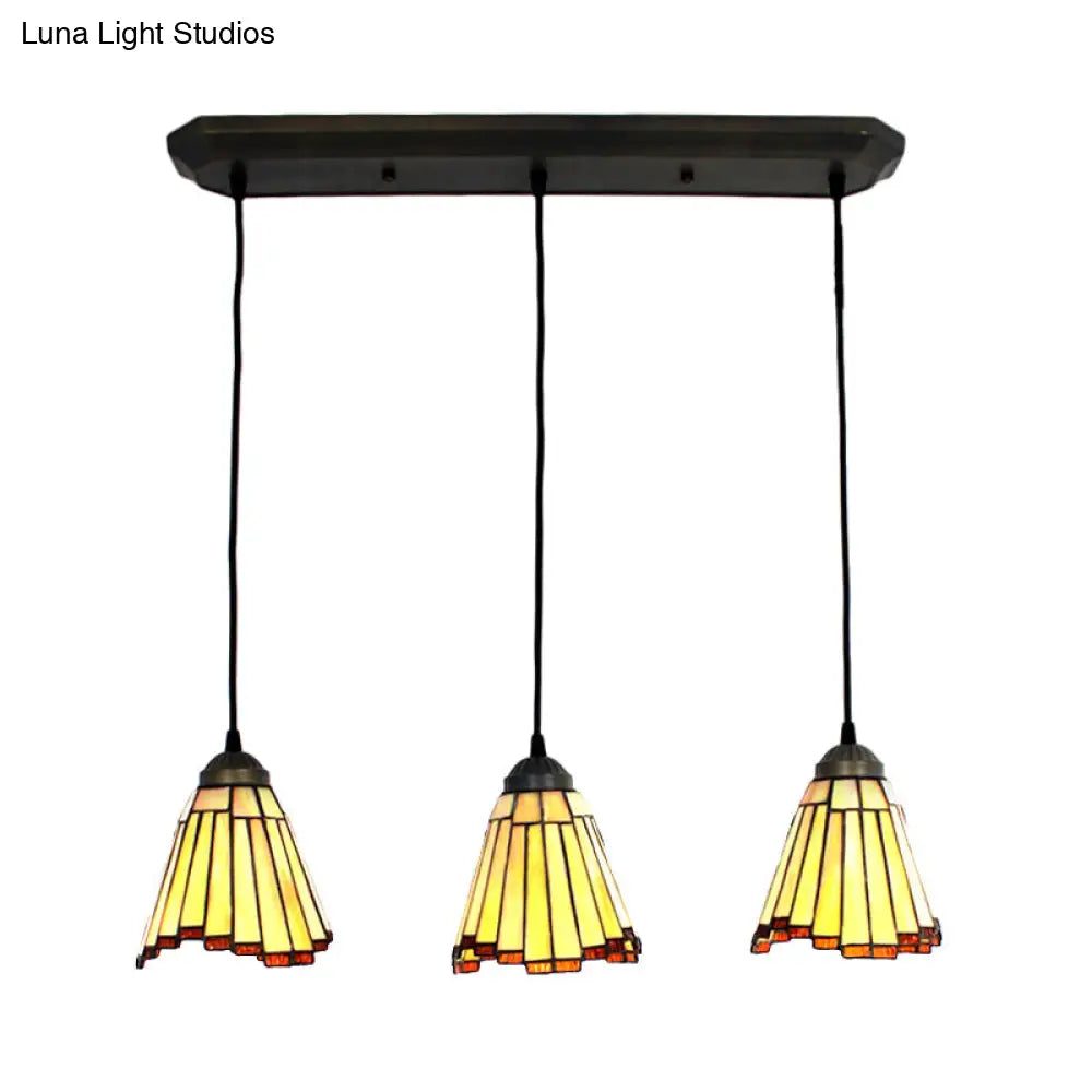 Tapered Cluster Pendant Light - Tiffany-Style Beige Handcrafted Stained Glass Set Of 3 Bulbs