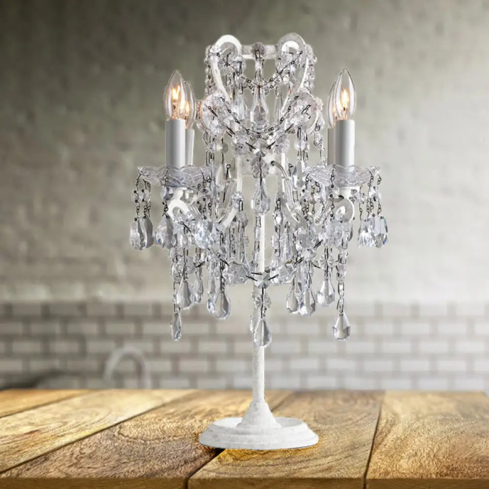 Teardrop Table Lamp - Retro Style White Finish With Clear Crystal 4 Bulbs Ideal Night Light For