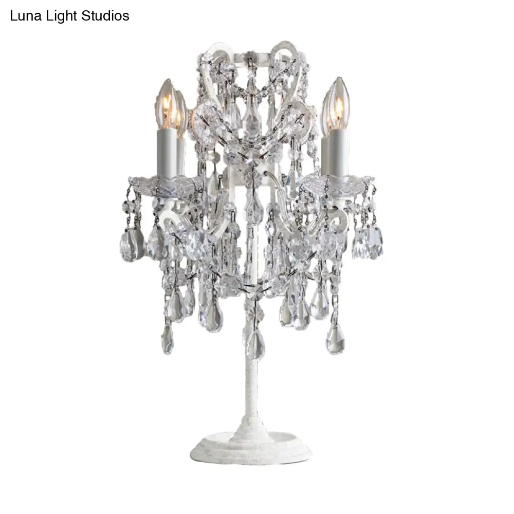 Teardrop Table Lamp - Retro Style White Finish With Clear Crystal 4 Bulbs Ideal Night Light For