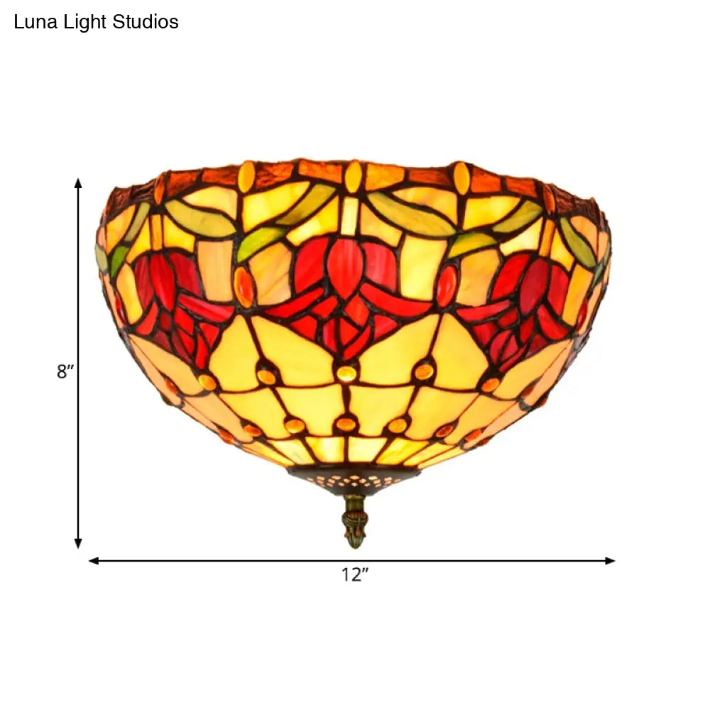 Tiffany 2-Light Stained Glass Floral Ceiling Fixture – Brass Flush Mount For Bedroom