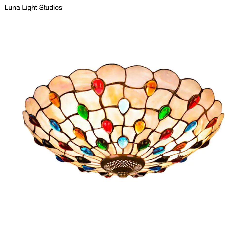 Tiffany Beige Shell Flush Mount Ceiling Light - 3/4 - Light Cabochons - Embellished Ideal For