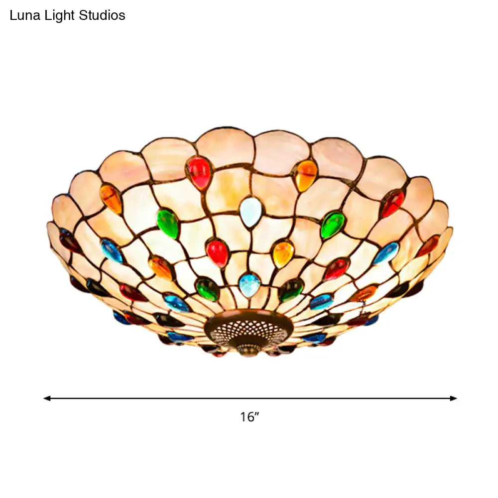 Tiffany Beige Shell Flush Mount Ceiling Light - 3/4 - Light Cabochons - Embellished Ideal For